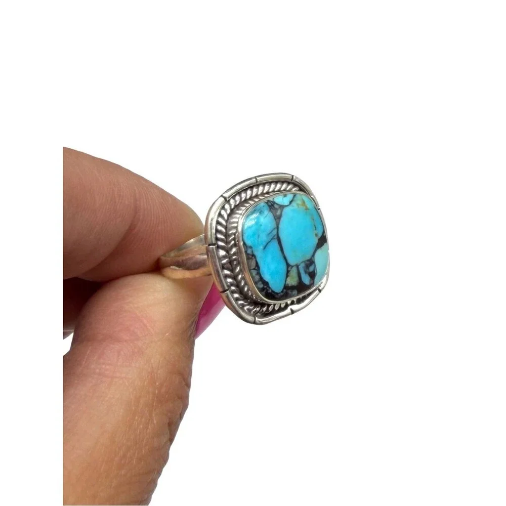 Tibetan Turquoise Ring Size 7 Solid 925 Sterling Silver Square